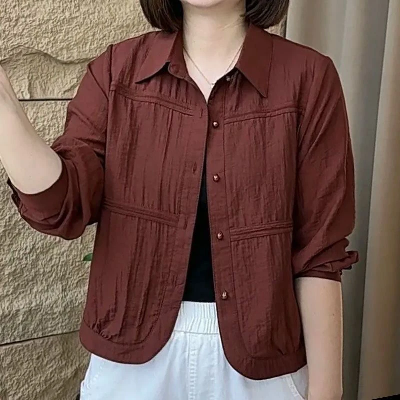 New 2026 Fashion Long Sleeve Shirt Simple Pure Color Loose Casual Short Style Korean Version Spring Autumn Open Cardigan Coat