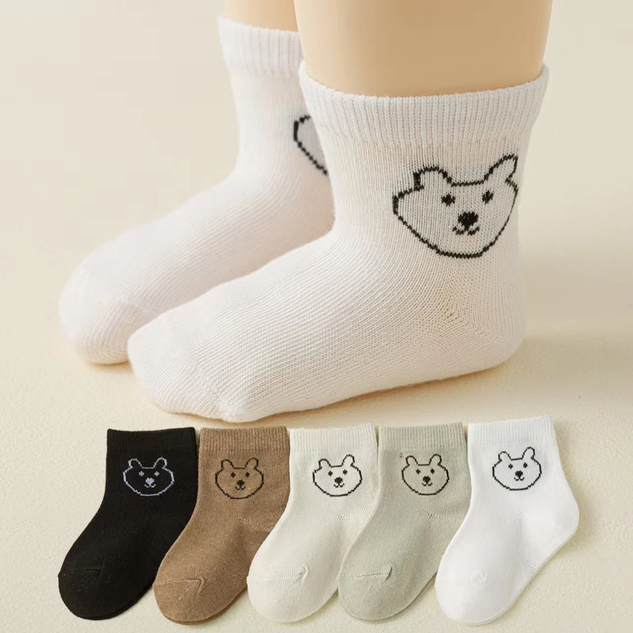 5Pair Cute Bear Kids Cotton Socks Cartoon Children Mid Tube Sock Soft Breathable Spring Autumn Sports Sock 1-5Year Baby Footwear