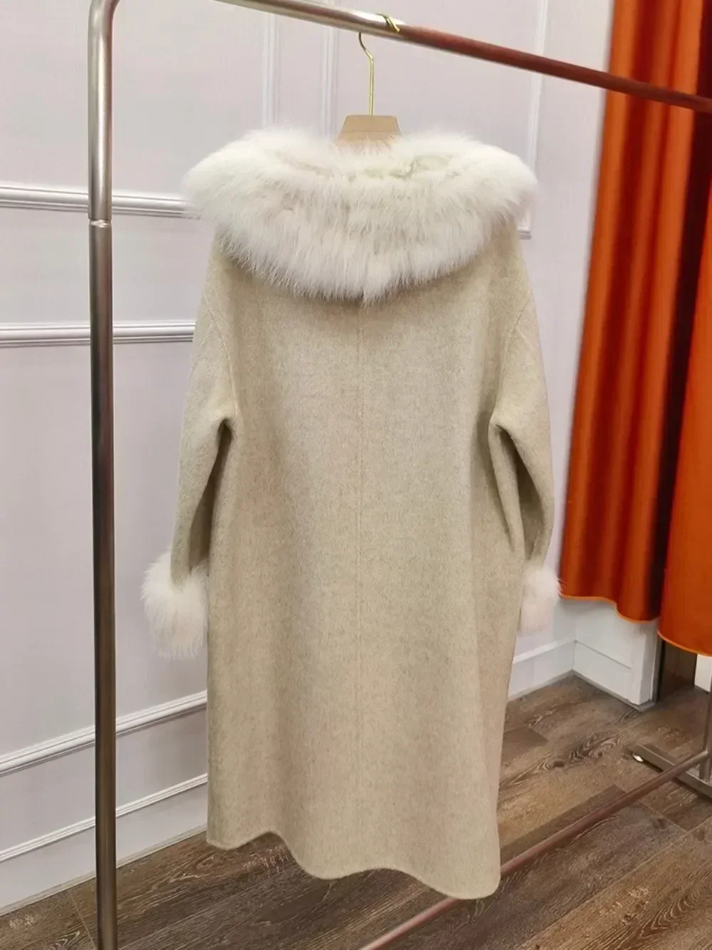 2024 خريف شتاء جديد معطف الصوف الفراء طويل دافئ واحد زر سترة الكشمير معطف الصوف المرأة الطبيعية الثعلب الفراء سترة الإناث