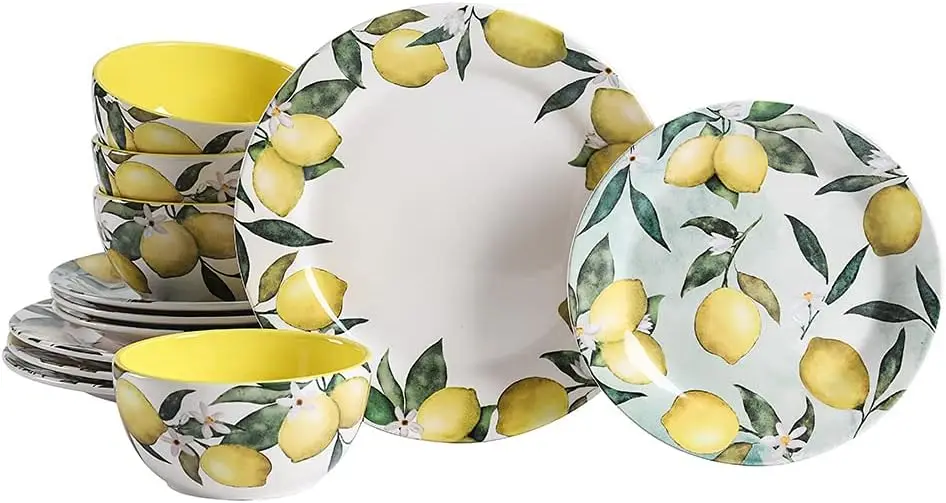 

Lemon Dreams Ceramic 12 pcs Dinnerware Set, Service for 4, Inclusive of 11 inch Dinner Plates, 8.75 inch Salad Plates an