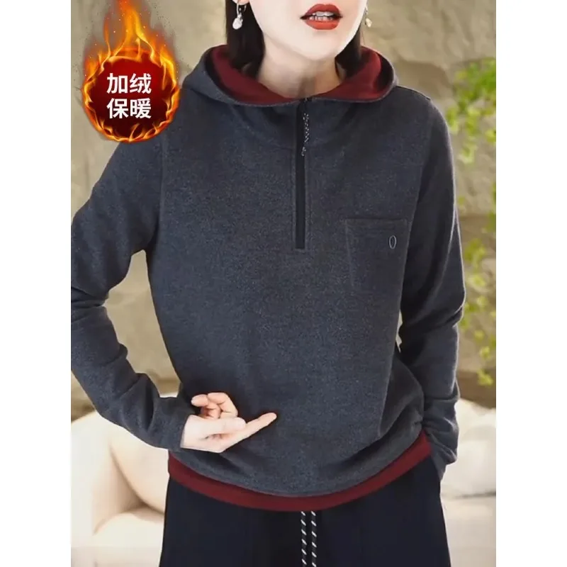 Felpa con cappuccio in due pezzi finta in pile double face per donna in autunno e inverno Nuova camicia con fondo color block Top caldo