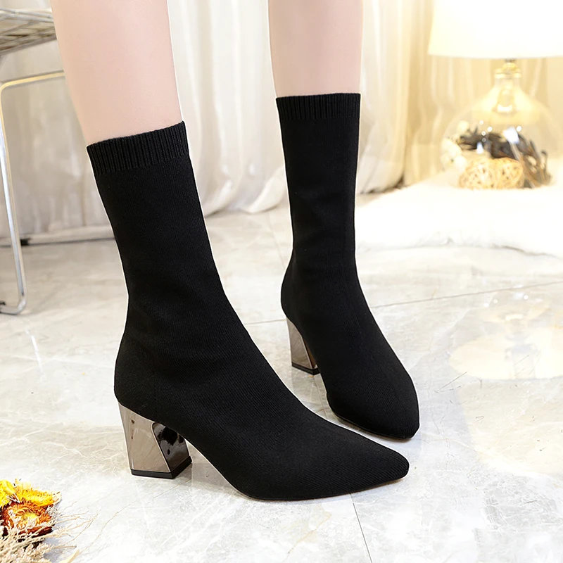 2021 New Fashion Ankle Boots Women Shoes Elastic Sock Boot Chunky High Heels Stretch Sexy Booties Pointed Toe Plus 41 43