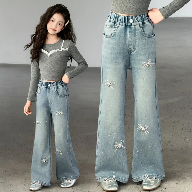 Children Spring Autumn New Heavy-Duty Butterfly Embellished Elastic Denim Pants Kids Trendy Straight Leg Leg