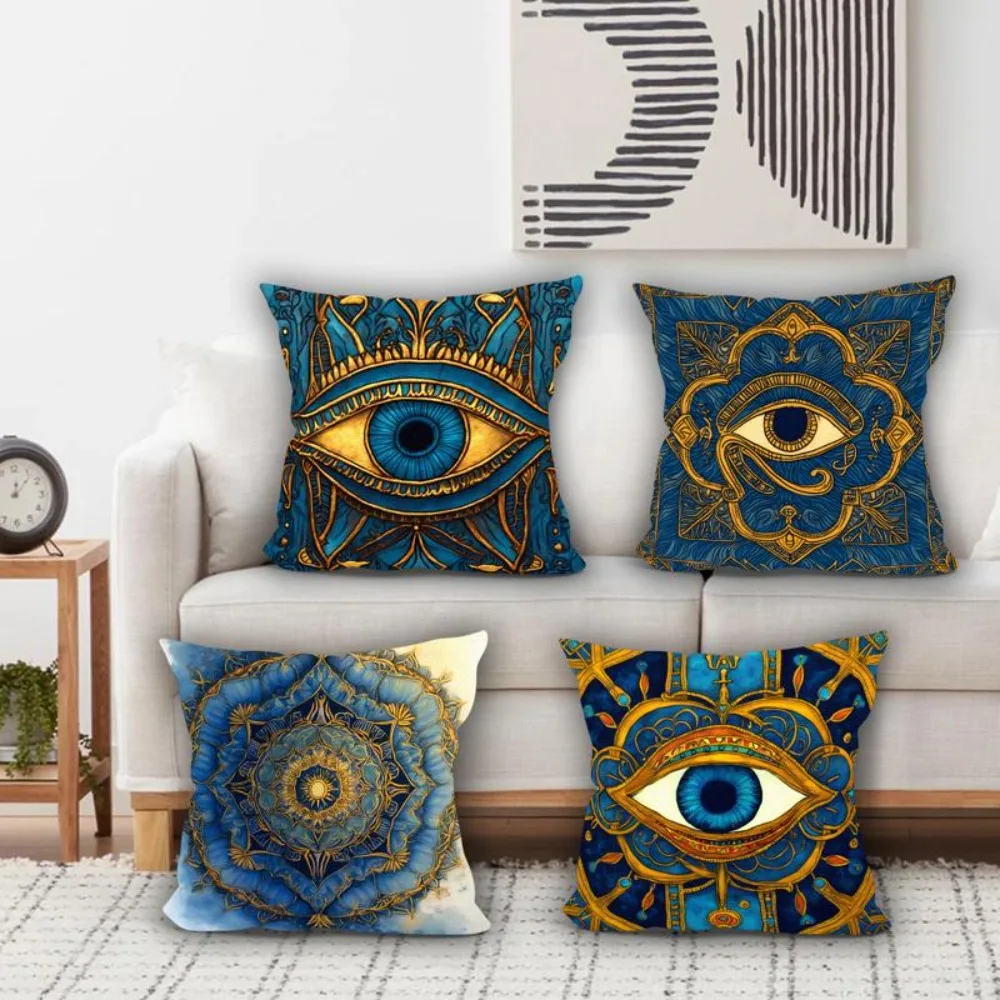 Boho Mandala Eye of Providence Pillowcase Cushion Cover Blue Gold Spiritual Bohemian Throw Pillow for Boho Mystical Decor
