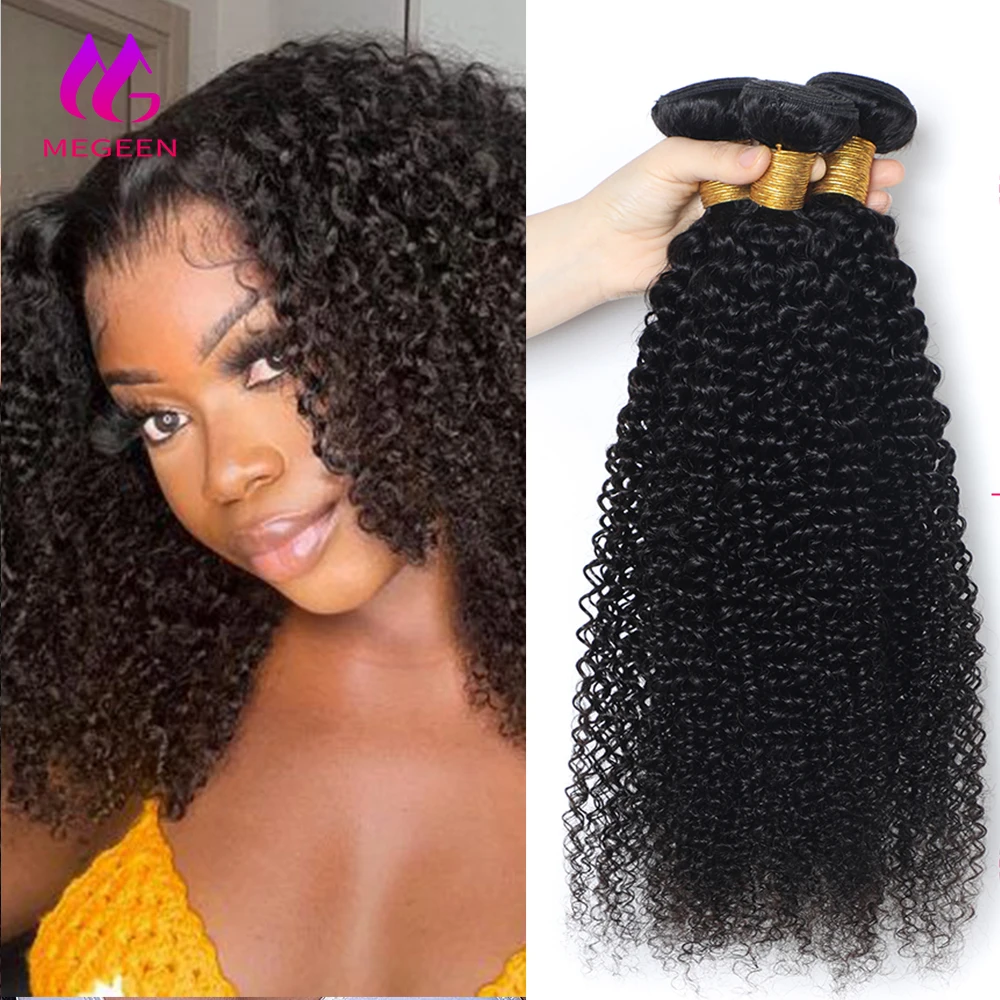 

Бразильские накладные человеческие волосы Megeen 20, 30 дюймов, кудрявые, 1/3/4 дюйма, искусственные, двойные, Переплетенные волосы для женщин 1B, натуральные, черные