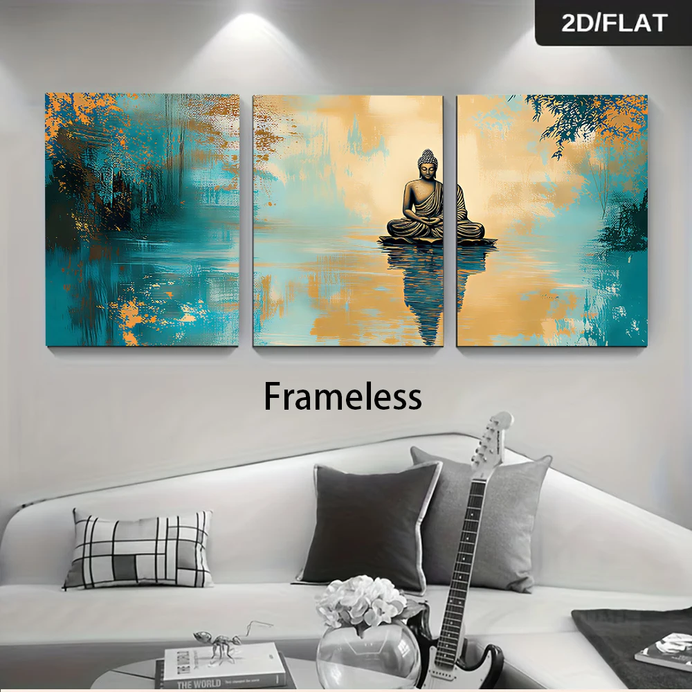 3PCS Large-sized frameless canvas paintings,One set of three frameless, modern abstract Buddhist statues in an oriental Zen styl
