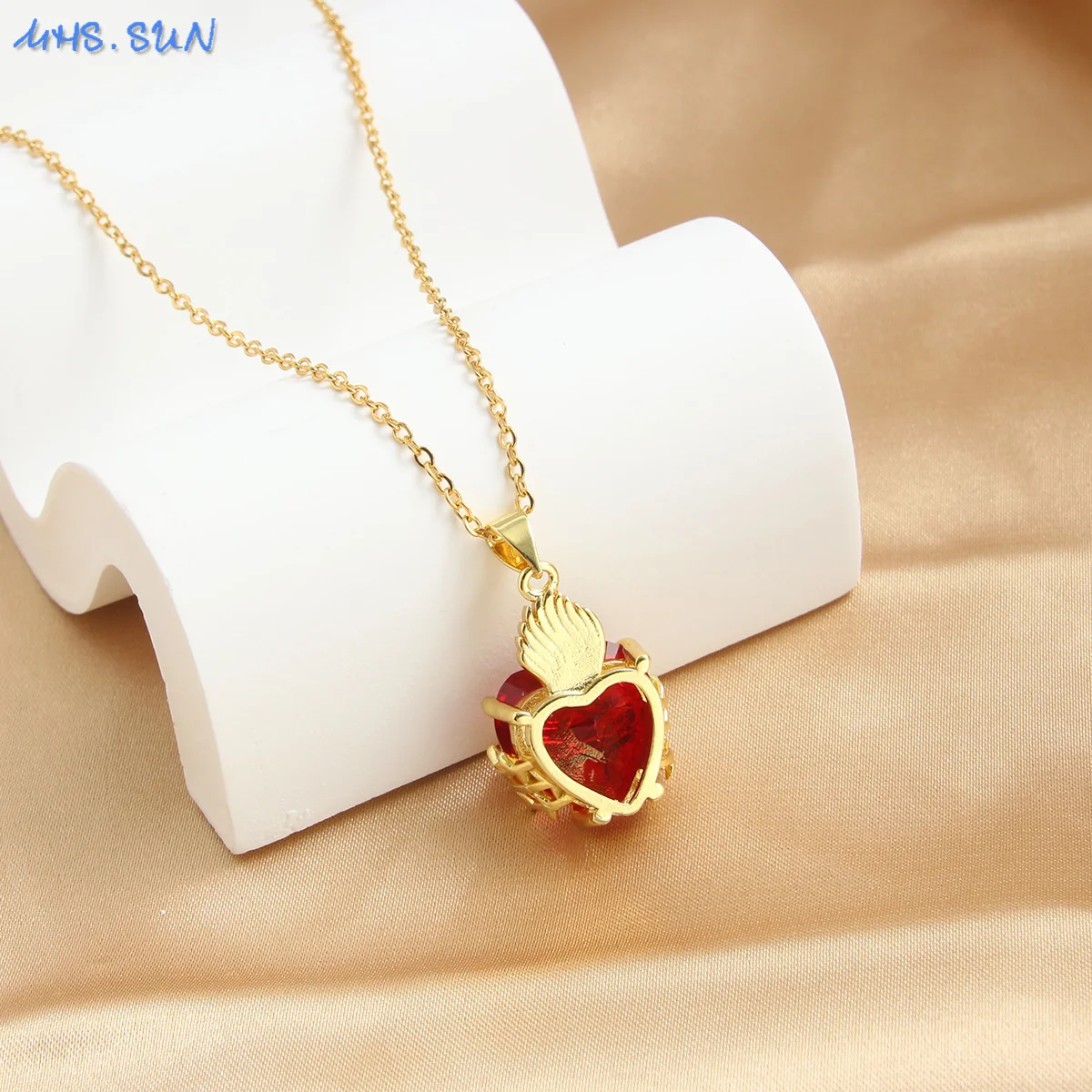 MHS.SUN Gold Plated Sacred Heart of Jesus Cross Necklace Red Zircon Religious Catholic Pendant Necklaces For Women Girls Jewelry