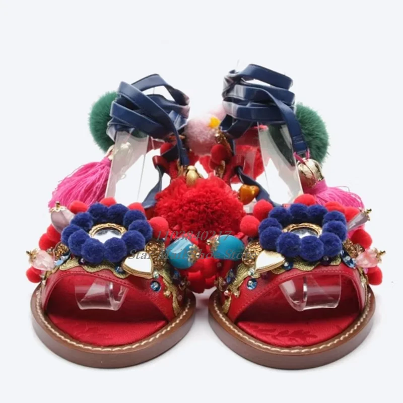 Newest Pompom Flower Embellished Strappy Lace-Up Sandals Round Toe Peep Toe Painted Wooden Heel Flat Sandals Ethnic Style Sandal