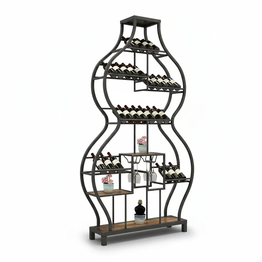 5-Tier Wine Bakers Rack, Solid Iron and MDF Freestanding Storage Shelves with Hanging Glass Holder, for Home Bar and Kitchen