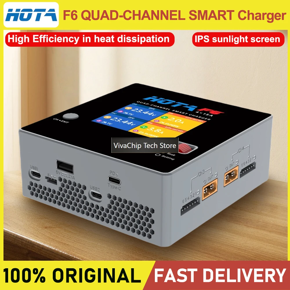 VivaCTHOTA F6 QUAD-CHANNEL/P6 600W*2 SMART Charger 1000W 4*15A For Lipo LiIon NiMH Battery With Type-C IPhone Samsung Charging