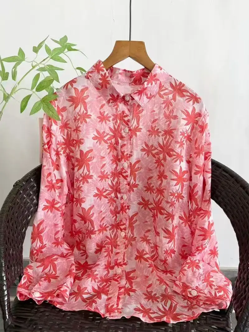 

Весенняя коллекция 2026: Женские рубашки и блузки из 100% рами с принтом листьев, дышащие повседневные топы с длинным рукавом, винтажная одежда