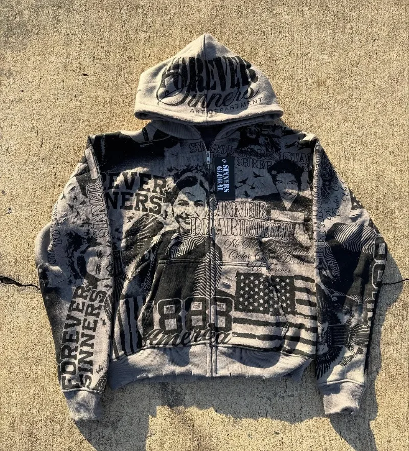 

Худи оверсайз в стиле Y2K: ретро-готика, темный принт, свободный крой, на молнии, в стиле Харадзюку, для пар