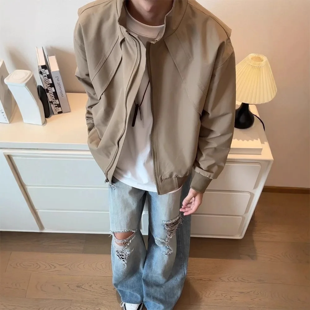 

Мужская короткая куртка со сращиванием, осень 2021, модная брендовая куртка-пилот, уличная трехстойкая куртка-пулемет