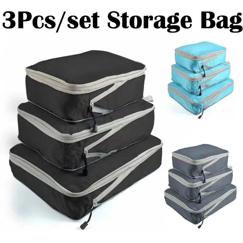 3Pcs/set Black/Blue/Grey Compressible Travel Storage Bag Portable Large Capacity Storage Bag Suitcase Luggage Packing Cubes