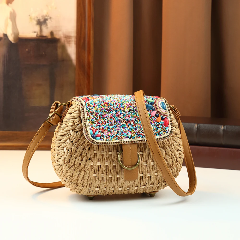 

2026 Bohemian Style Small round Woven Bag with Colored Beads And Grass Ethnic Retro Shoulder Bag
