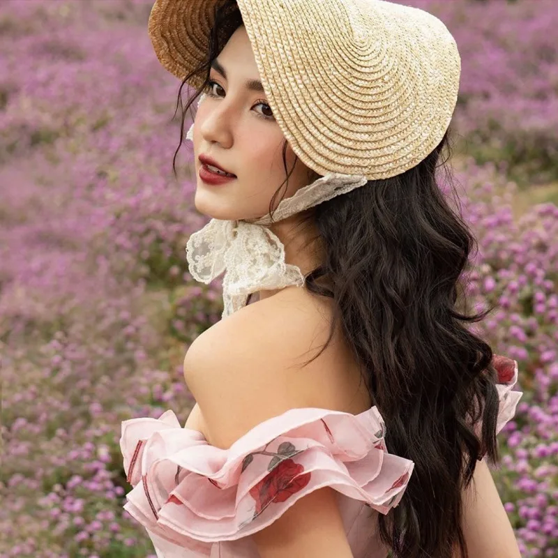 Summer French Retro Wheat Straw Hat With One-piece Lace Tie Women Photo Wedding Studio Wholesale Sun Hat For Shooting