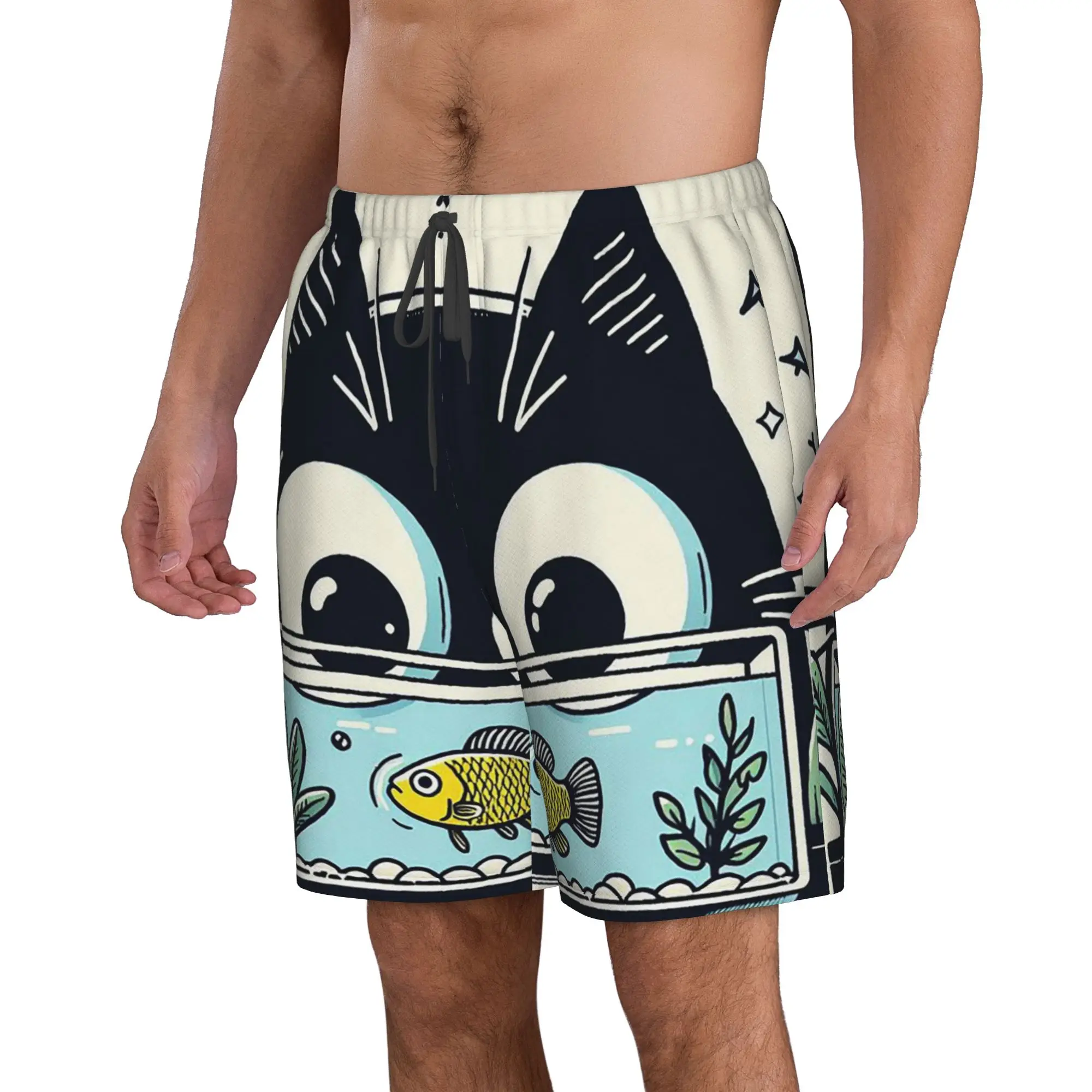 Black Cat Peeking Into Water Staring at Swimming Small Fish Trunks Beach Board Shorts Casual Quick Dry Swim Summer Men Pants