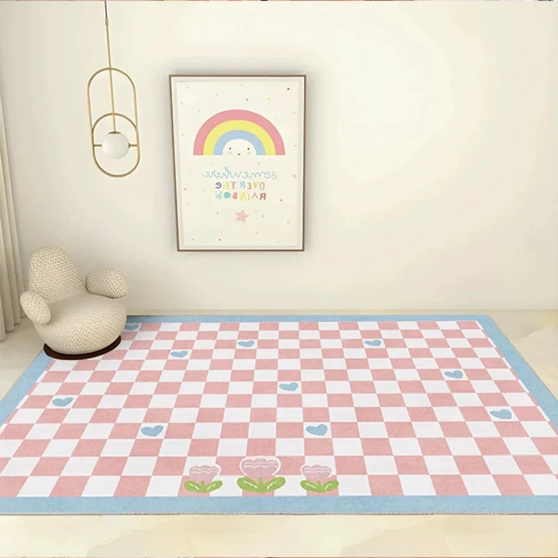 Floot Mat for Living Room Soft Comfortable Faux Cashmere Carpet Pink Wavy Lace Cute Checkerboard Foot Mats Home Decoration Rug
