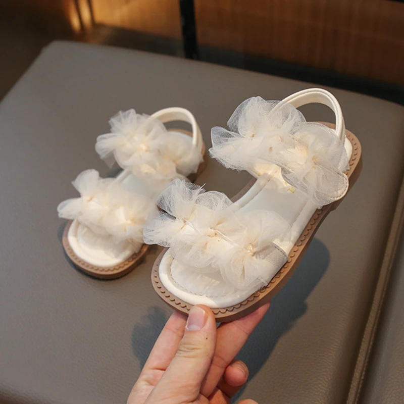 Girls Sandals Summer New Children Princess Causal Dress Sandals Fashion Open-toe Lace Bowtie Kids Flat Sandals for Wedding Party