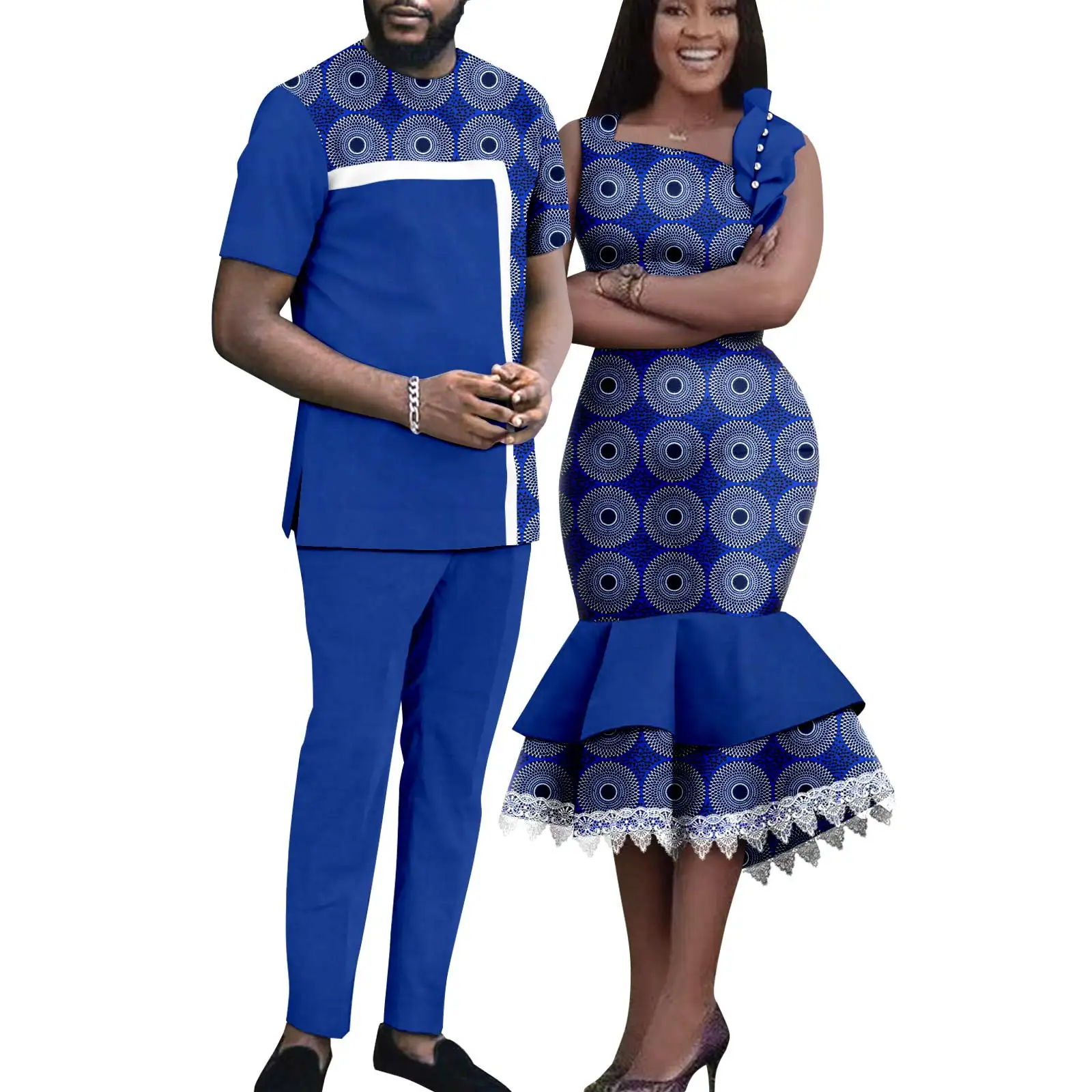 African Matching Outfit for Couples Dashiki Summer Women Ruffles Dresses Bazin Riche Men Patchwork Top and Pant Sets Y23C055