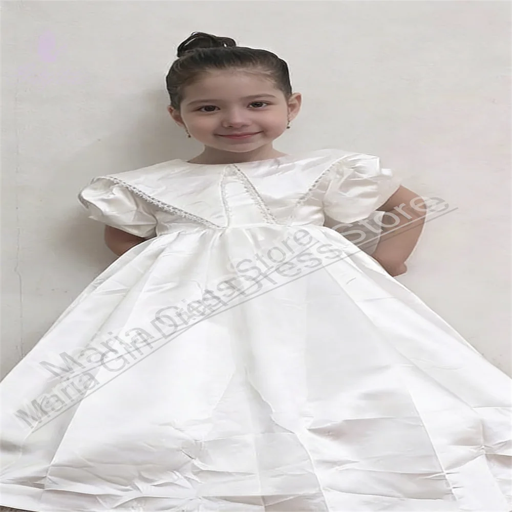

Customized Wedding Girls Party Gown White Satin High Waist Flower Girl Dresses For Birthday Communion Event Competition