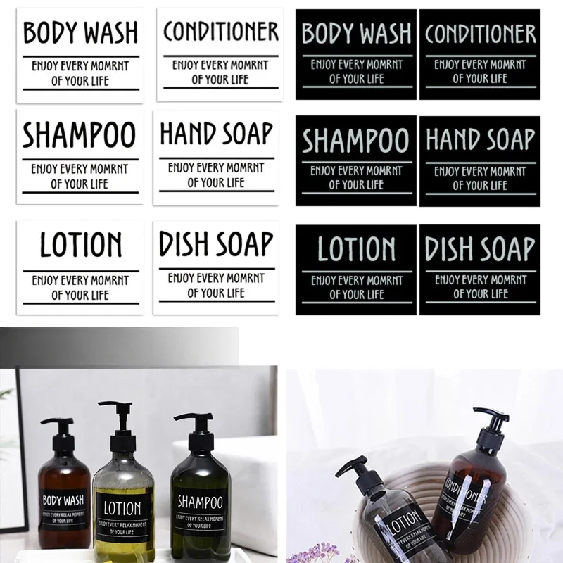 6/12PCS White Black Waterproof Lotion Label Stickers PVC Shampoo Conditioner Body Wash Bathroom Shower Soap Dispenser Labels