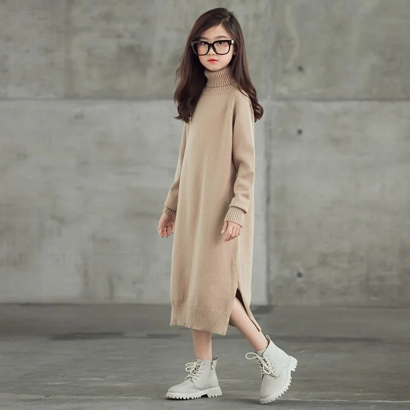 New autumn and winter dress and sweater set for girls, including a knee-length dress, a high-neck long-sleeved undershirt, and a