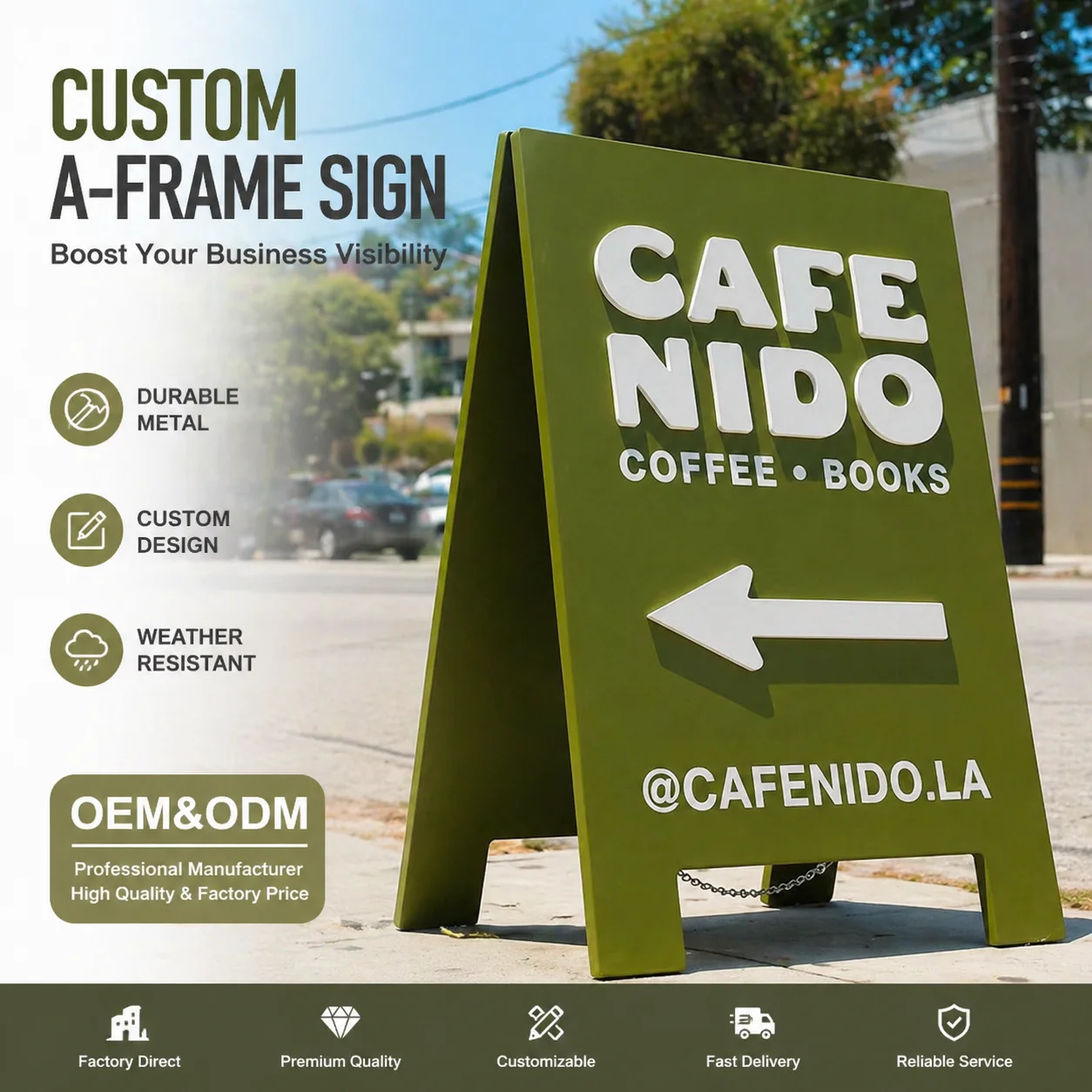 Portable Metal A-Frame Sign Outdoor Double-Sided Sandwich Board Sidewalk Poster Display Stand for Advertising and Events