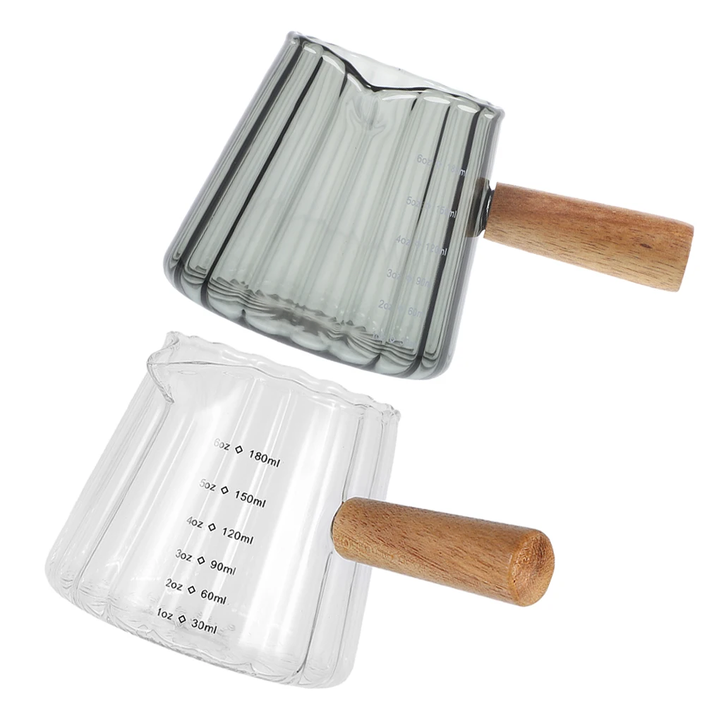 

2Pcs Clear Glass Mini Milk Jugs Wooden Handle Espresso Shot Cups Measuring Pitcher Coffee Frothing Accessories