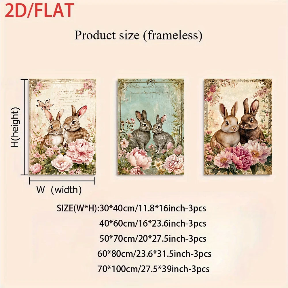 3pcs frameless Canvas Painting 1 set of Nordic-style rabbit and flower triptych frameless decorative paintings (2D flat)