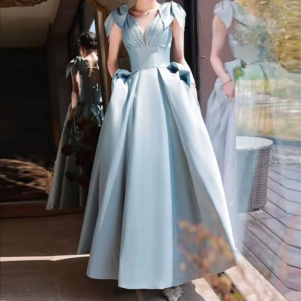 

Customized A-line Evening Dresses Ankle-length V-neck Sleeveless Prom Gown Fashion Beading Pleat Backless Lace-up Party Gown