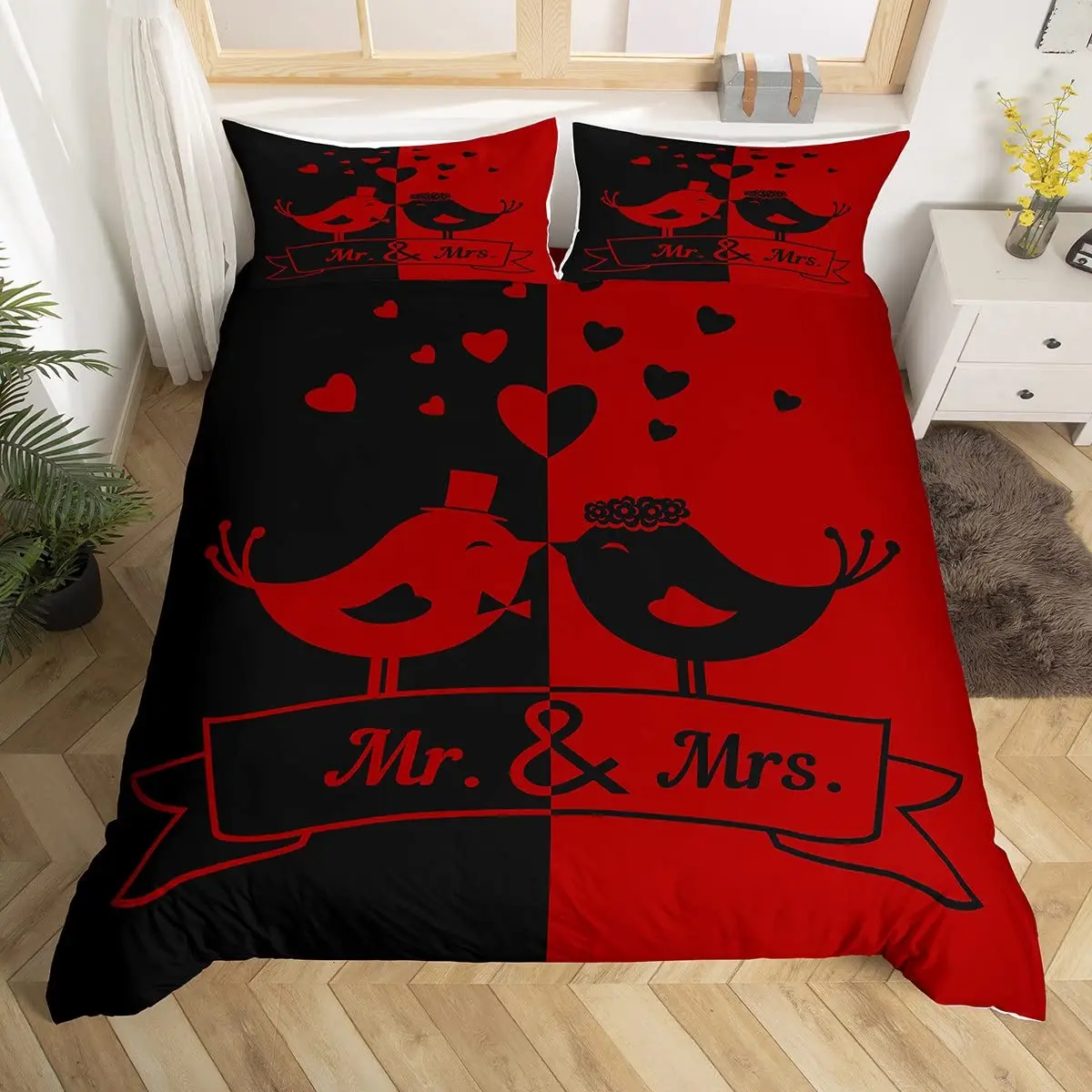 Couples Birds Duvet Cover Queen Valentine'S Day Bedding Set Branches Animal Quilt Cover Red Black Lovers' Day Comforter Cover