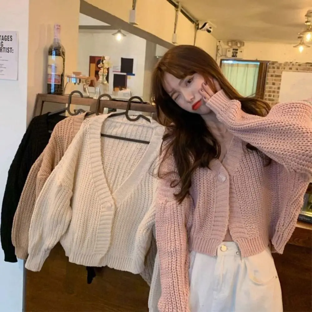 

Long Sleeve Grid Crochet Sweater Loose Preppy Style Cardigans Women Y2K Autumn Spring Ladies Tops Slim Crop Coats Women