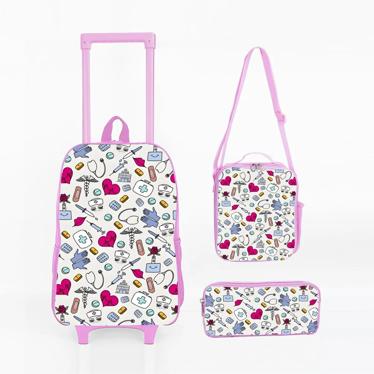 

Medical Care Wheeled Rolling Bag Set with Lunch Box Pen Bag with Wheels School Trolley Backpack Bag for Girl/Boys