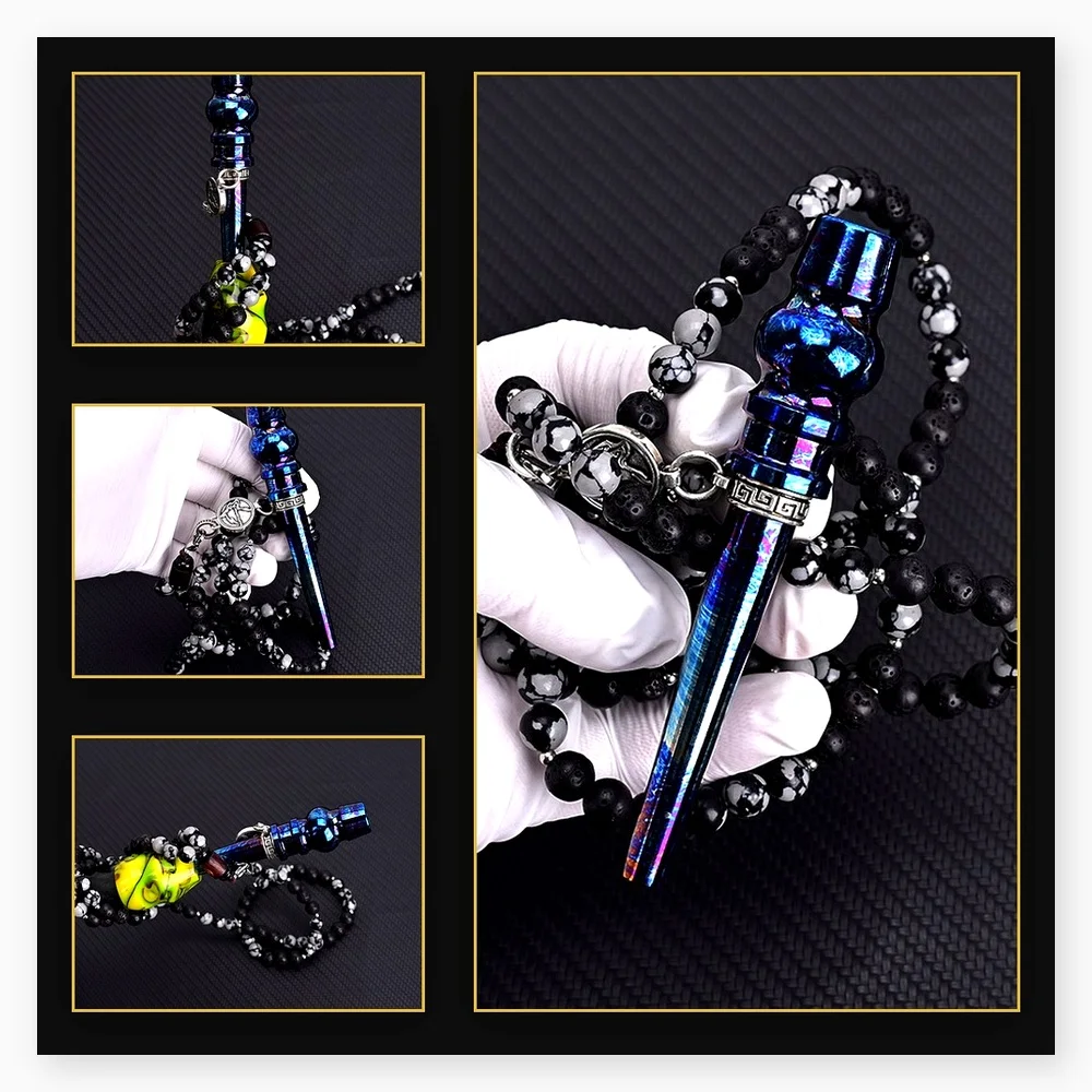 Portable Arabian Shisha Accessories - Titanium Alloy Tip with Blue Gourd Mouthpiece, Stone Bead Chain, and Neck Hang Decoration