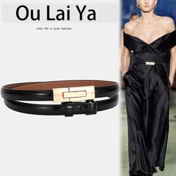 Women Skinny Leather Belt Solid Color Vintage Metal Interlock Buckle Adjustable Thin Waist Belts For Dress Jeans Coat