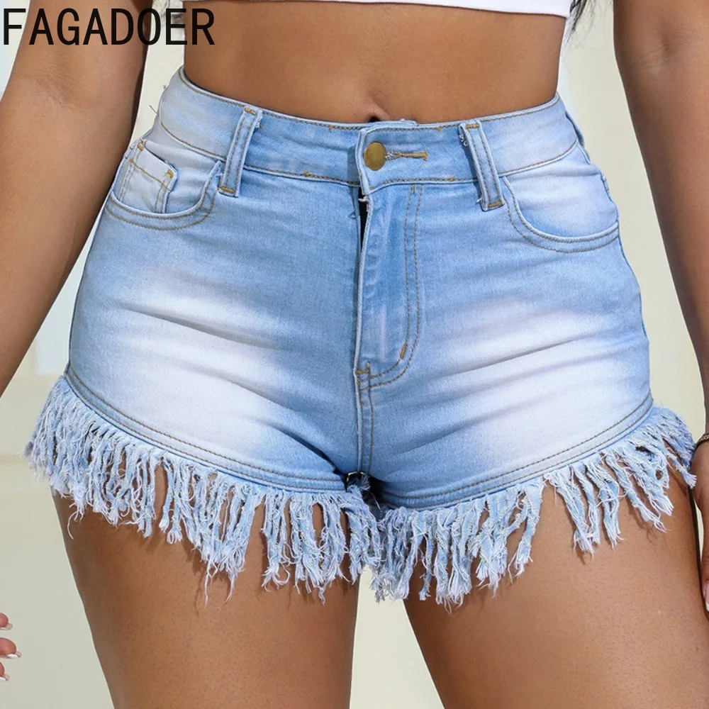 

FAGADOER Blue Summer New Denim Tassels Shorts Women High Waisted Button Slim Bottoms Casual Female Pocket Cowboy Clothing 2024
