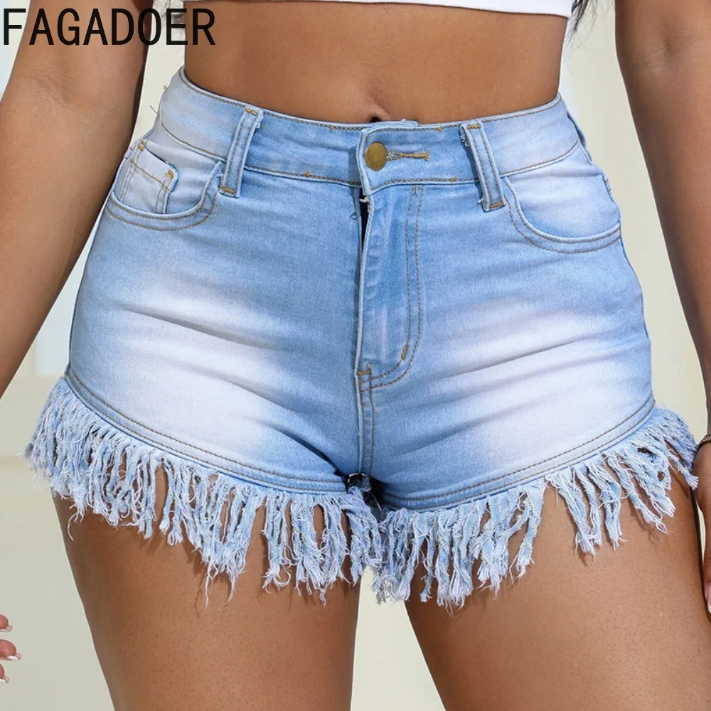 Fagadoer Blauwe Zomer Nieuwe Denim Kwastjes Shorts Vrouwen Hoge Taille Knoop Slank Broekje Casual Dames Zak Cowboy Kleding 2024