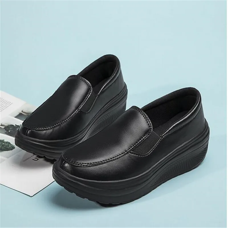 Women's Shoes Spring Genuine Leather Soft Outsole Work Shoes Female Black Swing Shoes Woman Plus Size Wedges Single Shoes2023