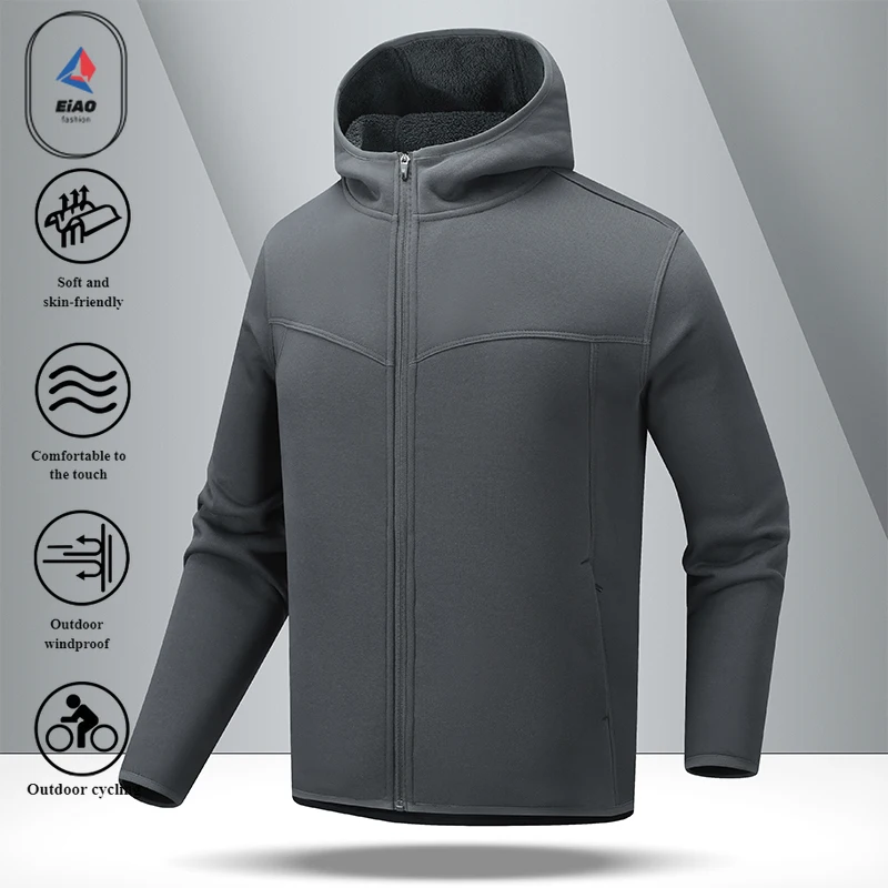 EIAO 2025 Mens Fleece Lined Stand Collar Jacket Premium Velvet Zip Hoodie Thickened Warm Coat Casual Streetwear Tech Outerwear