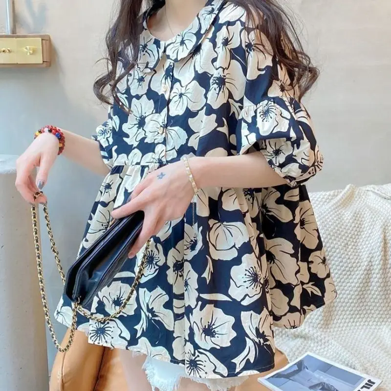 Women Summer Korean Loose Printing Cotton Peter Pan Collar Short Sleeve Casual Shirts Ladies Fashion Appear Thin All-match Tops