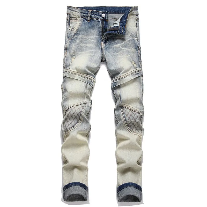 

New Men Ripped Jeans Pants Splicing Denim Trousers Biker High Quality Male Straight Slim Casual Multi-Pocket Comfortable