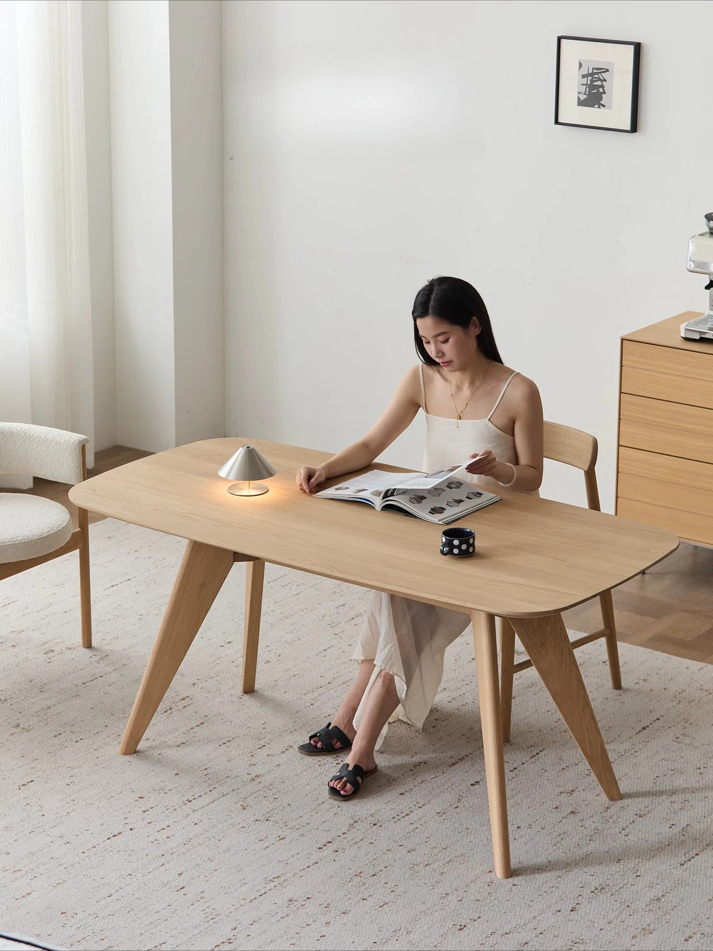 HYS solid wood dining table minimalist white oak oval long table household small apartment log table