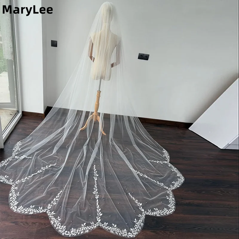 

Свадебная фата в форме лепестка с жемчужным краем, на заказ, однослойная, белая/цвета слоновой кости, длинная, в стиле собора, для невесты, velo de novia