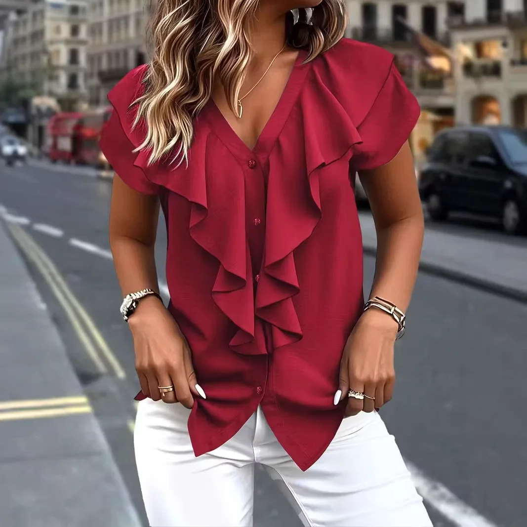 New V-Neck Ruffled Short-Sleeve Chiffon Shirt For Women Summer Solid Color Top Shirt Summer Fashion Elegant Casual White Blouses