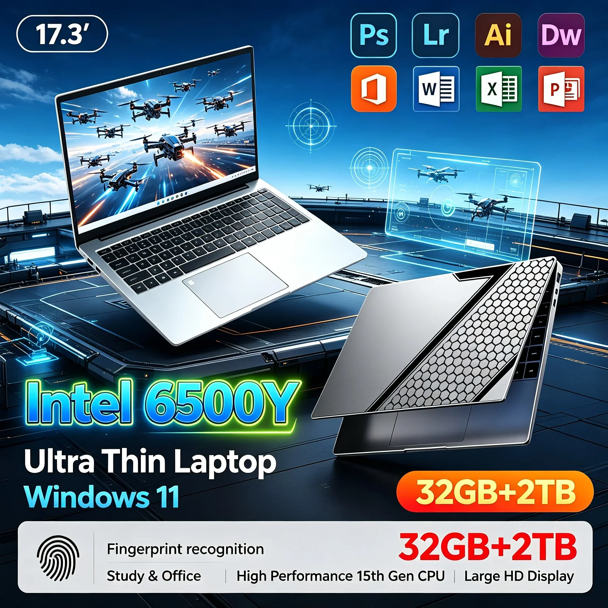 17.3'' Inch Portable Notebook Intel 6500Y 32GB RAM 2TB SSD Windows11 WiFi6 BT5.2 Backlit Keyboard Home Office Study Computer PC