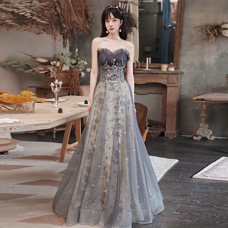 2025 New Women's New Evening Dress, Fashionable Banquet Style, French Niche High Quality Strapless Fairy Style Puff Skirt