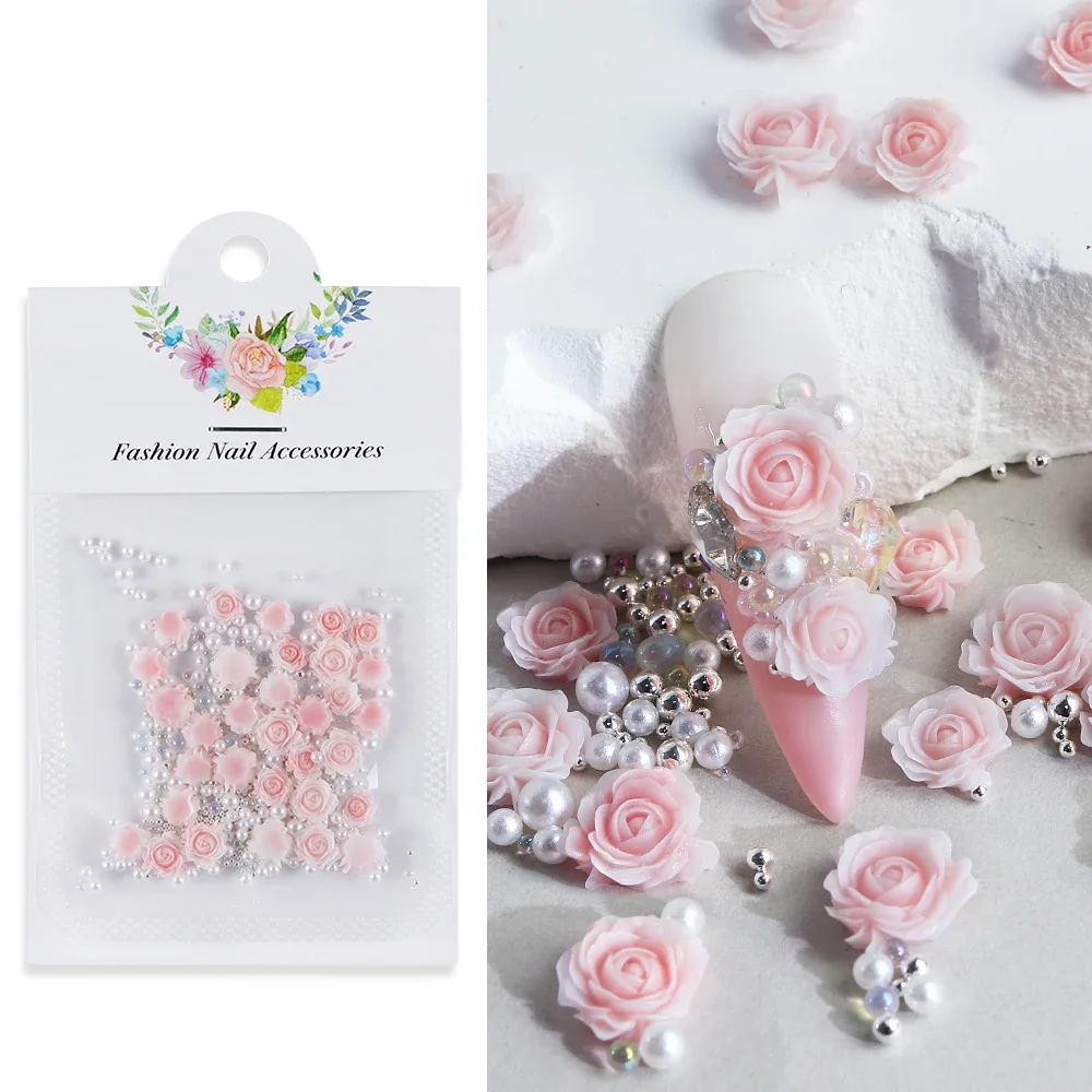 

Mixed Rose Pearl Nails Charm Design 3D Flowers Manicure Art Decorations Rhinestone Flower DIY Nail Jewelry Luxury Accessories