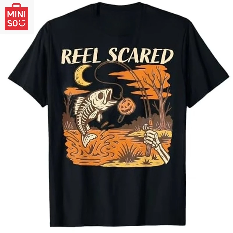 

Reel Scared Halloween Fall Fishing Funny Skeleton Fisherman T-Shirt Men's Fashion Fisher Y2k Outdoor Clothes Graphic Saying Tee