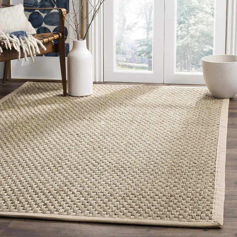 Natural Fiber Collection Area Rug  Natural & Beige, Border Basketweave Seagrass Design, Easy Care